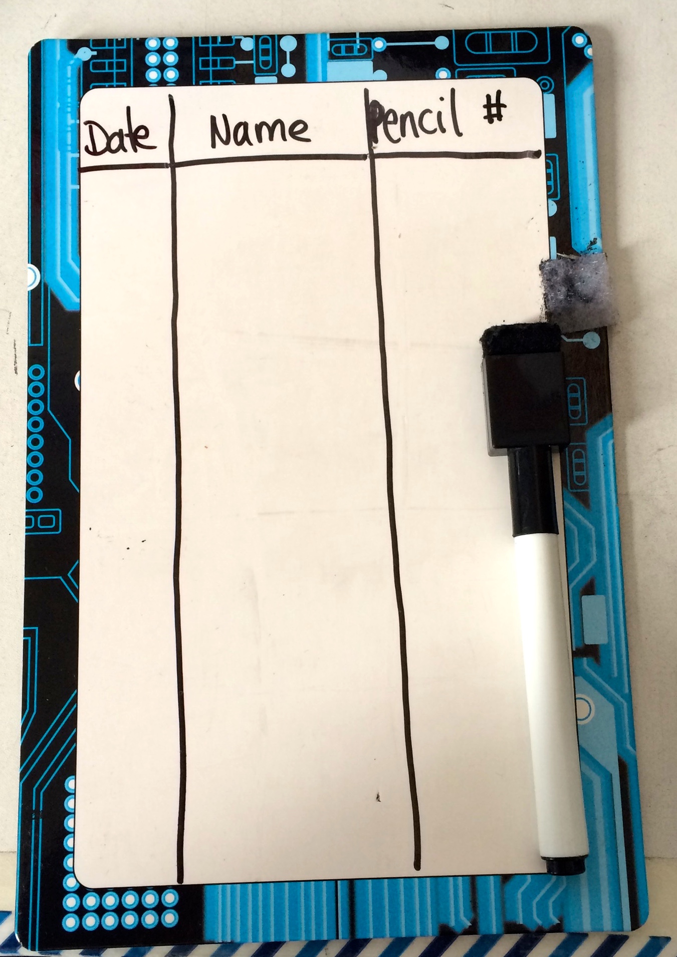 A small erasable board with an attached pen serves as a pencil check-out system.