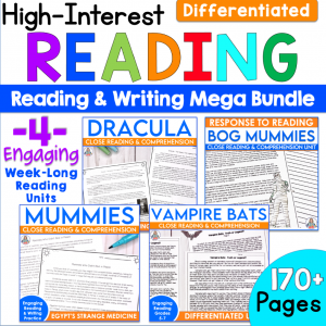 High-interest close reading bundle with passages on Dracula, mummies, and vampire bats.