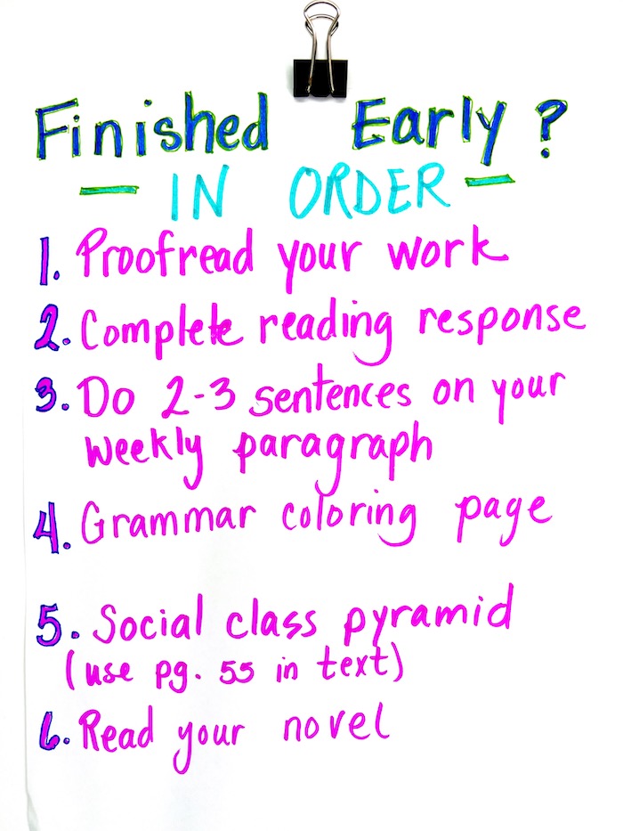 A list for early finishers in the classroom so they know exactly what to do.