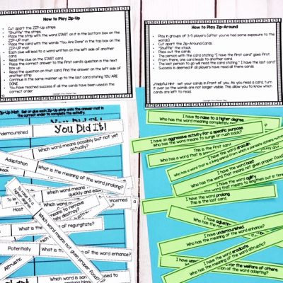 Vocabulary games like these zip up and zip around games are a great addition to your classroom vocabulary activities.
